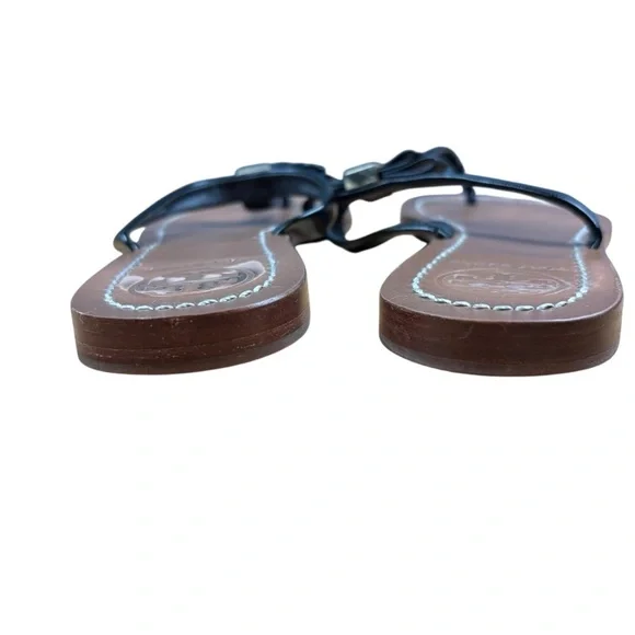 Tory Burch Black Bow Leighanne Thong Sandals Size Gold Logo Size 6 M - Picture 5 of 10